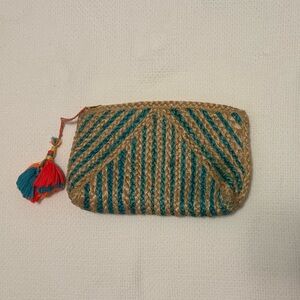 Woven Straw Clutch with Teal and Tan Design